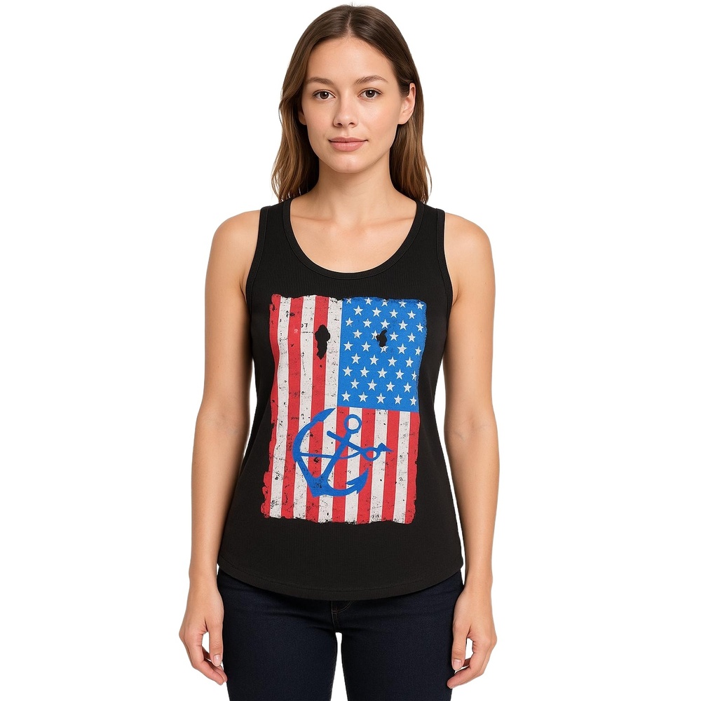 Black Tank Top‎  American Flag and Anchor Womens Size Medium